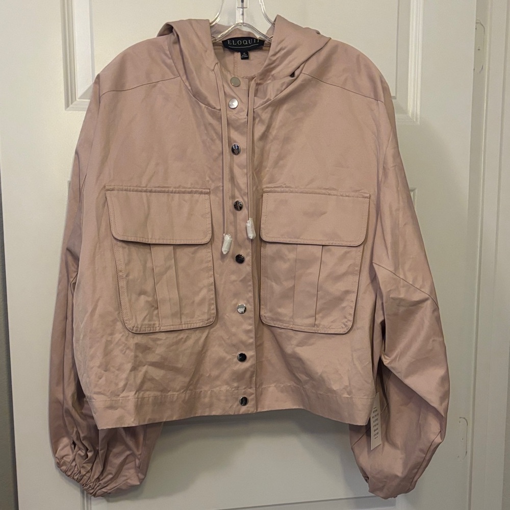 Eloquii Blush Utility Jacket SZ 16 plus size w/hood puffy sleeve cropped NWT